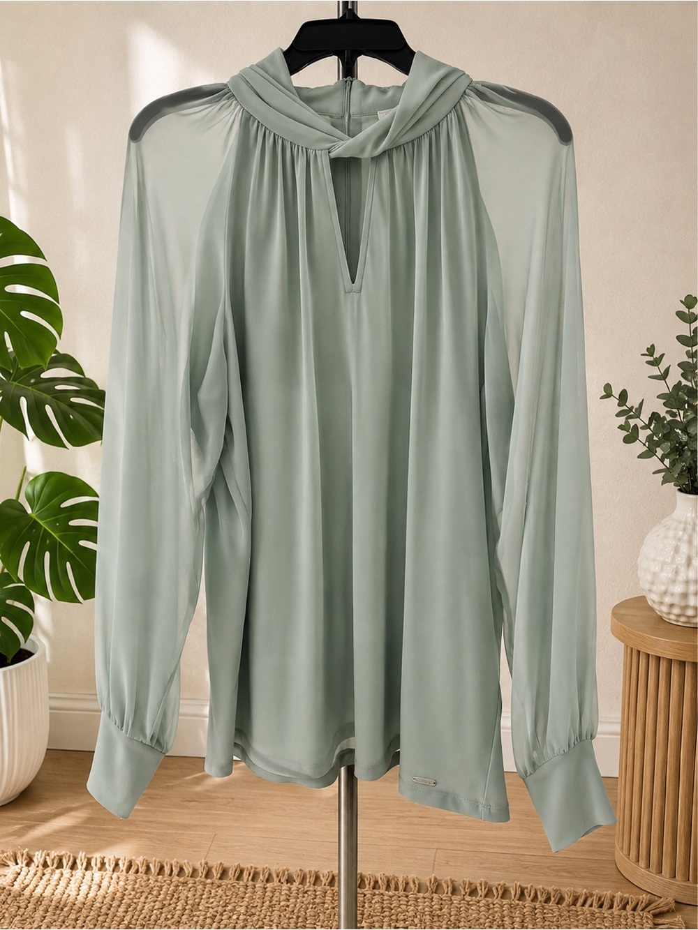Calvin Klein mint green color Sheer Long-Sleeve Keyhole Blouse